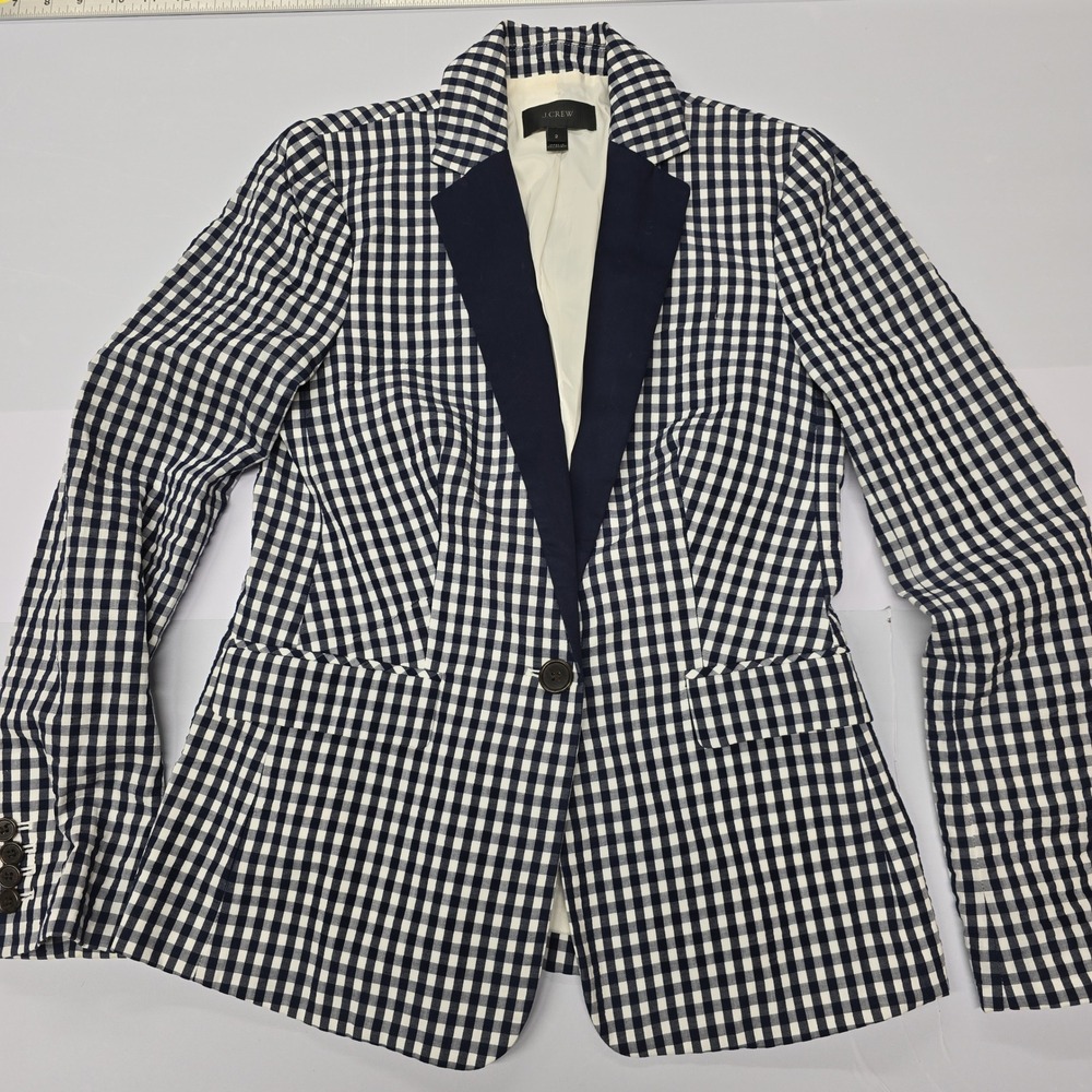 J.Crew Womens Navy Blue White Gingham Check One Button Blazer Jacket Size 2